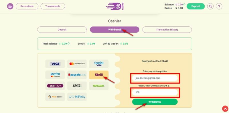 Withdrawal money from casino to Skrill